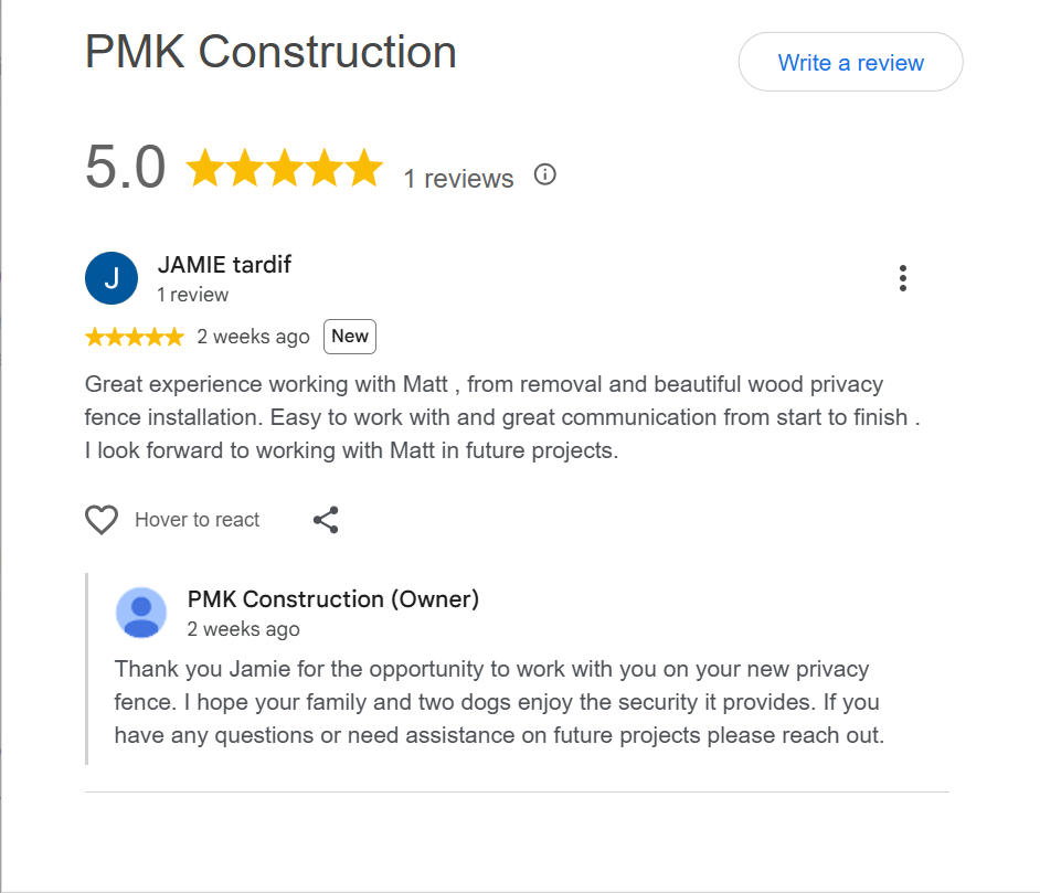 Five-star Google review from Jamie Tardif: Great experience working with Matt , from removal and beautiful wood privacy fence installation. Easy to work with and great communication from start to finish . I look forward to working with Matt in future projects.